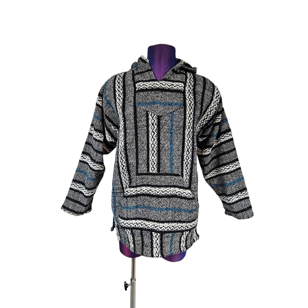 Vintage 90s Baja Joe Striped Baja Blanket Hoodie Drug Rug Size Medium Unisex